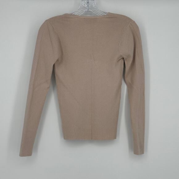 Express Women's Pullover Sweaters Size M Nude Tan Long Sleeve Ribbed Knit V-Neck - Picture 2 of 9